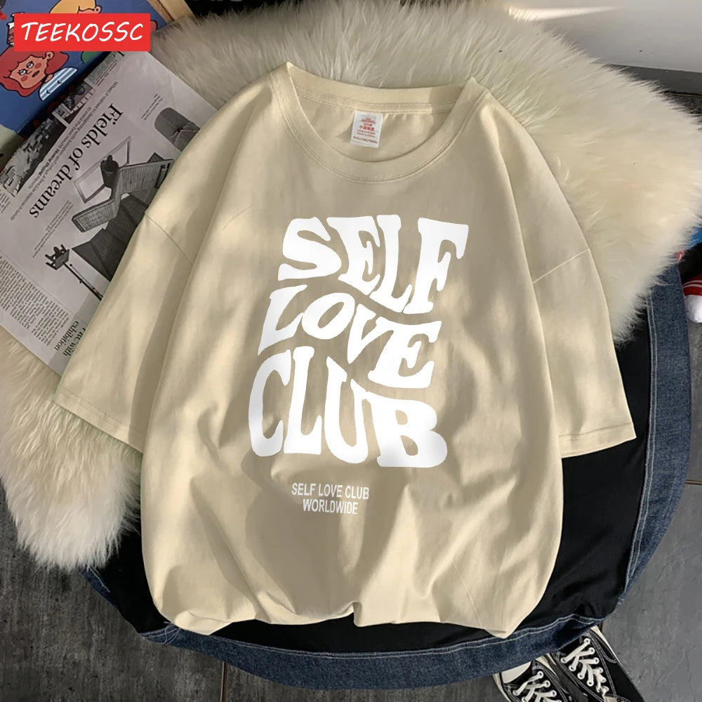 Self Love Club Worldwide Printed Tee Clothing Boy Versatile Funny Tees Aesthetic Pattern T-Shirt Oversized Design Clothing