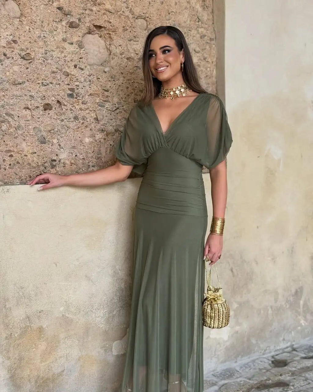Women Solid Deep V-neck Mesh Long Dress Elegant Puff Short Sleeve Ruched Waist High Vestidos 2026 Summer Lady Casual Street Robe