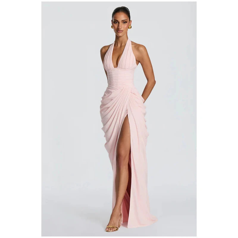 Women Fashion Solid Pleated Halter Dress Waist-cinching Sleeveless Backless Split Maxi Dresses 2026 Sexy Summer Lady Party Gowns