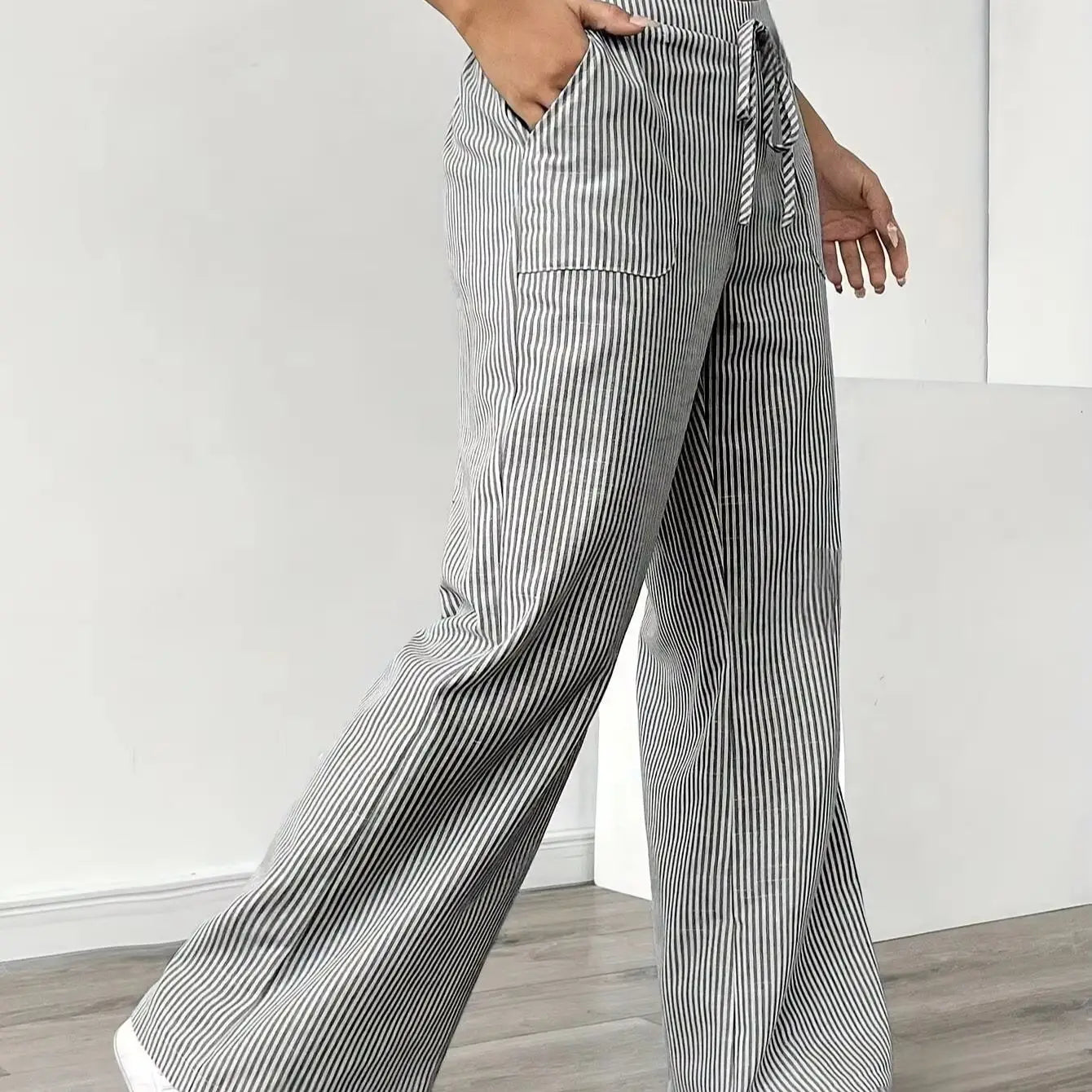Summer new striped drawstring wide leg pants for women, high waisted, loose fit, slimming, casual straight leg, hanging pants