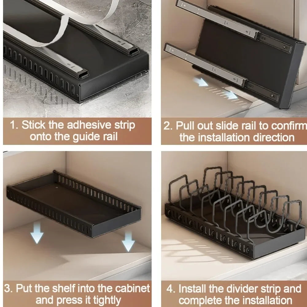 Kitchen Cabinet Pull Out Tray Organizer with Slide Rails Adjustable Storage Rack for Pots Pans and Dishes