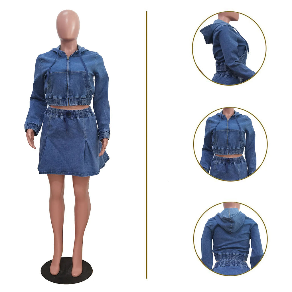 New TS1325 Women's Casual Washed Denim Short Skirt Set Fashionable Autumn Season Leisure Style Unisex Work Uniform Student Sc...