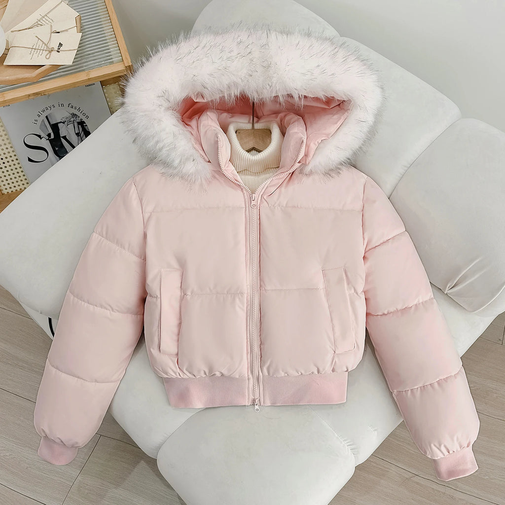 Women's Short Thickened Winter Cotton Jacket Quilted Coat Fur Collar American Retro Style Warm Casual Fashion Regular Fit