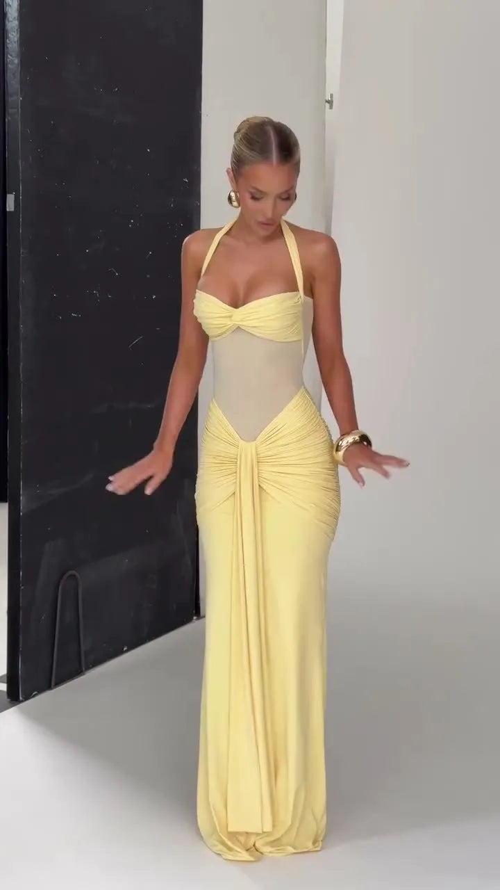 Suninheart Draped Maxi Evening Dress Women Elegant Halter Prom Dresses Wine Formal Occasions Backless Dress Sexy