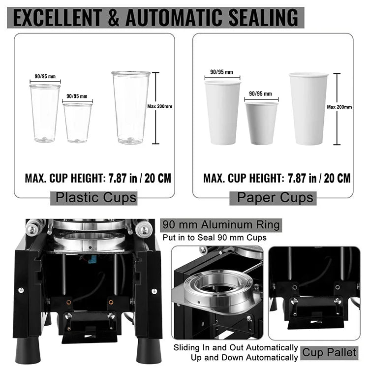 Automatic 90 95 98mm Cup Sealer Commercial Coffee Bubble Tea Boba Juice Cup Sealing Machine