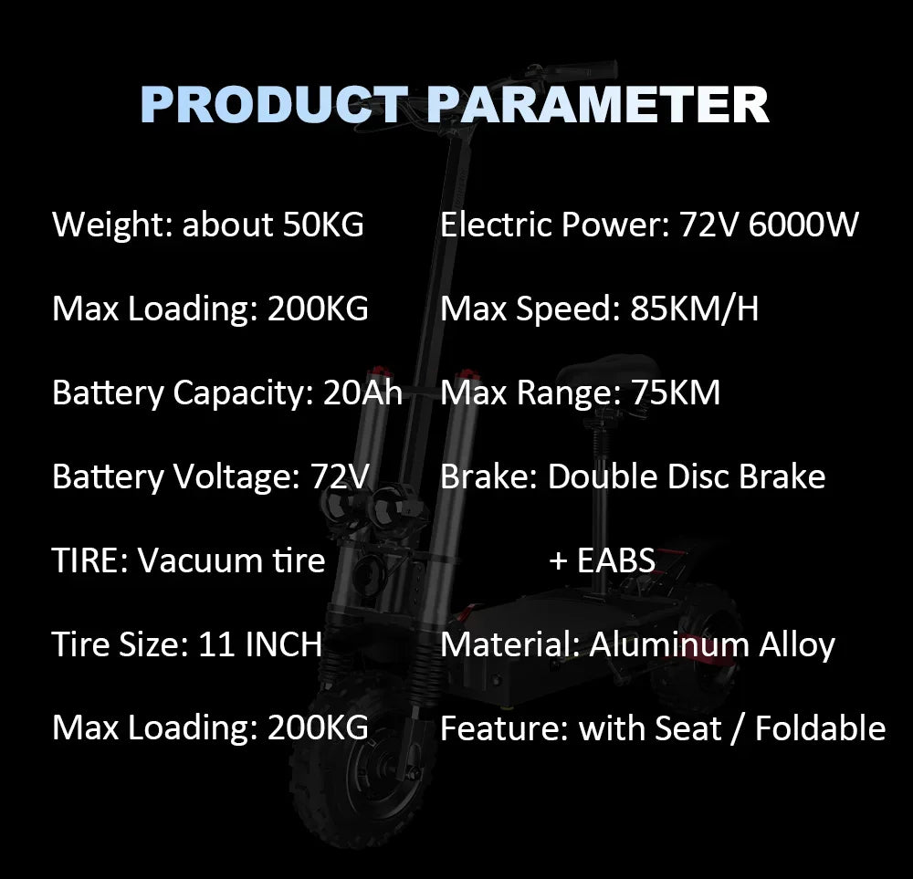 6000W High Power Dual Motor Electric Scooter Aluminum Alloy Folding Frame Off-Road Tire Dual Hydraulic Shock Adult E-Scooter
