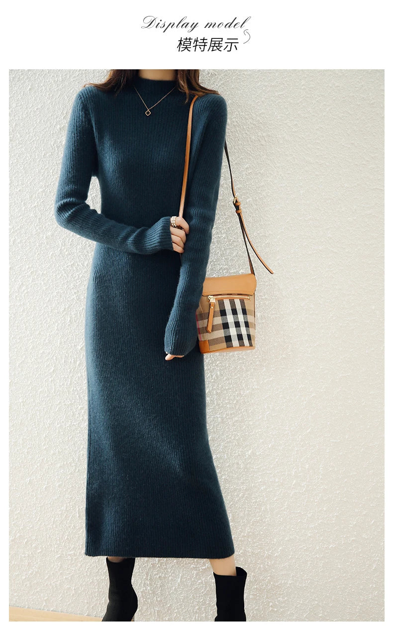 Autumn and winter semi high neck drawstring high elasticity slim fit 100% wool pullover dress, mid length over knee cashmere