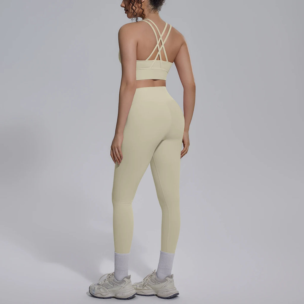 2PCS Yoga Set Summer Gym Sports Running Yoga Clothing Solid Color Cross Bra Workout Top High Waisted Quick Drying Fitness Pants