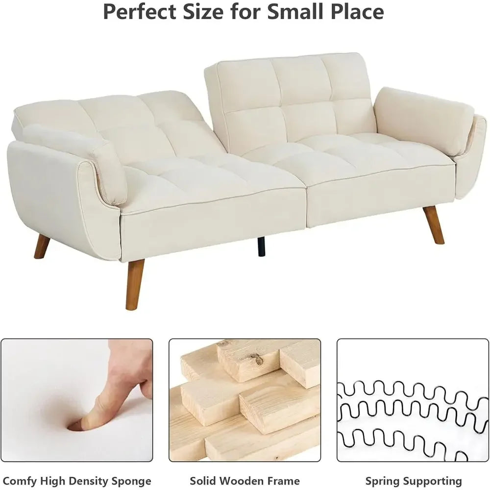 Twin Size Convertible Sleeper Sofa with Reclining Linen Split Back and Pillow Top Arms for Compact Living Spaces in Beige