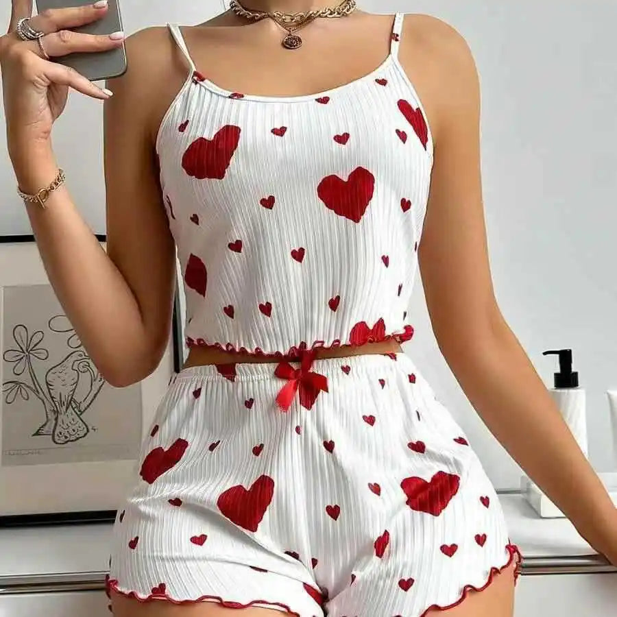 2pcs Women's Pajama Set Sexy Cute Kawaii Pajamas Women Suspenders Sun-Tops Loungewear Set Shorts Y2K Lolita Heart Silk Sleepwear