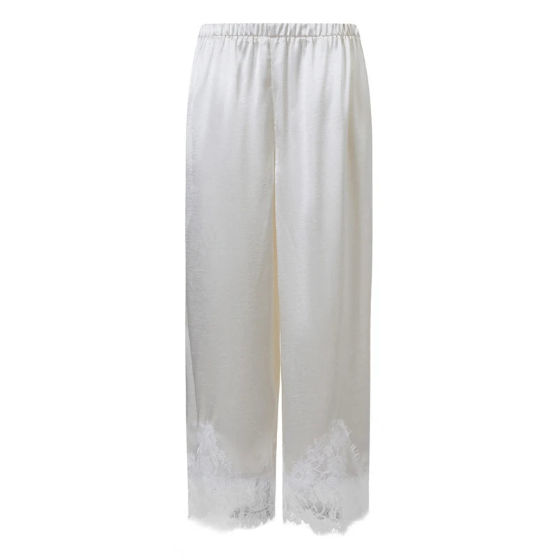 Maemukilabe Women Satin Wide Leg Pants Elastic High Waist Lace Hem Loose Trousers Elegant Vacation Beach Casual Streetwear Pants
