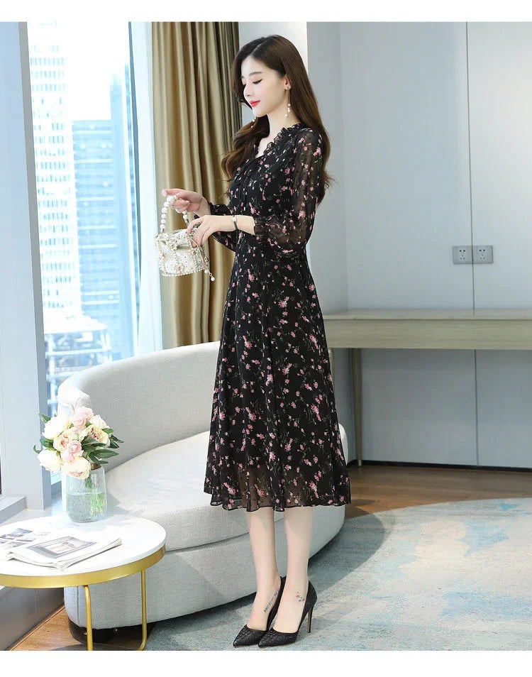 Woman Dress Summer Autumn New Long Sleeve Small Floral Chiffon Dress Dress Vestido De Mujer