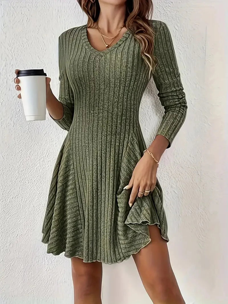Women's V-Neck Knit Dress - Long Sleeve Swing Mini Dress, Elegant Bodycon Short Dress