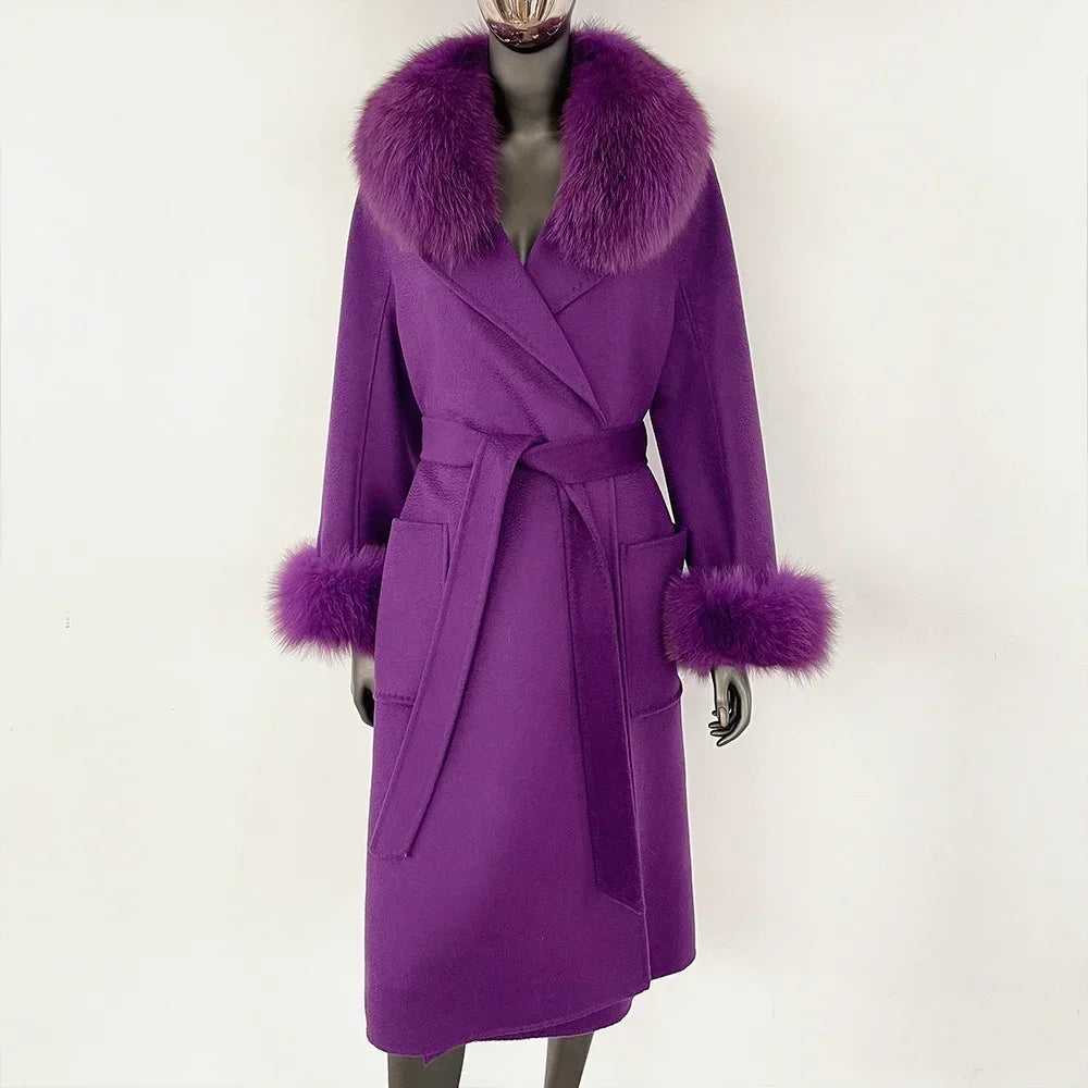 Elegant Wool Fur Jacket Women's Autumn Winter Warm Coat Natural Real Fox Fur Collar Jacket Casual Fashion Long Fur Coat Women's