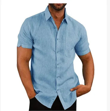 Men Pocket Blouse Tops Summer Male Turn Down Collar Button Short Sleeve Slim Solid Color Blouse Shirts YYCFS-19505