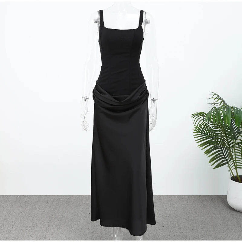 Solid Pleated Sling Dress Women Square Neck Sleeveless Backless Waist Cinching Bodycon Dresses Lady Summer Evening Party Gowns