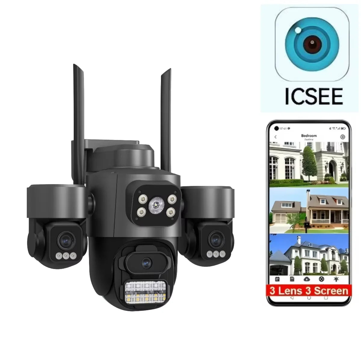 Icsee 3 Lens 3 Screen WIFI Security Camera Outdoor PTZ PIR Human Detection Auto Tracking Night Vision Surveillance CCTV