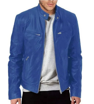 Winter Stand Collar Zip-Up Pocket PU Leather Jacket Men's Slim Business Casual