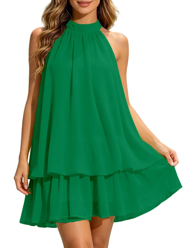 Women Halter Neck Backless Tie Mini Dress Summer Sleeveless Chiffon Ruffle Short Dresses Sexy Club Party Beach Vacation Outfit