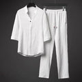 2026 Men's Two Piece Pant Sets Spring Summer Short Sleeve Shirt And Pants Outfits For Men Solid Cotton Linen Clothing Sets Male