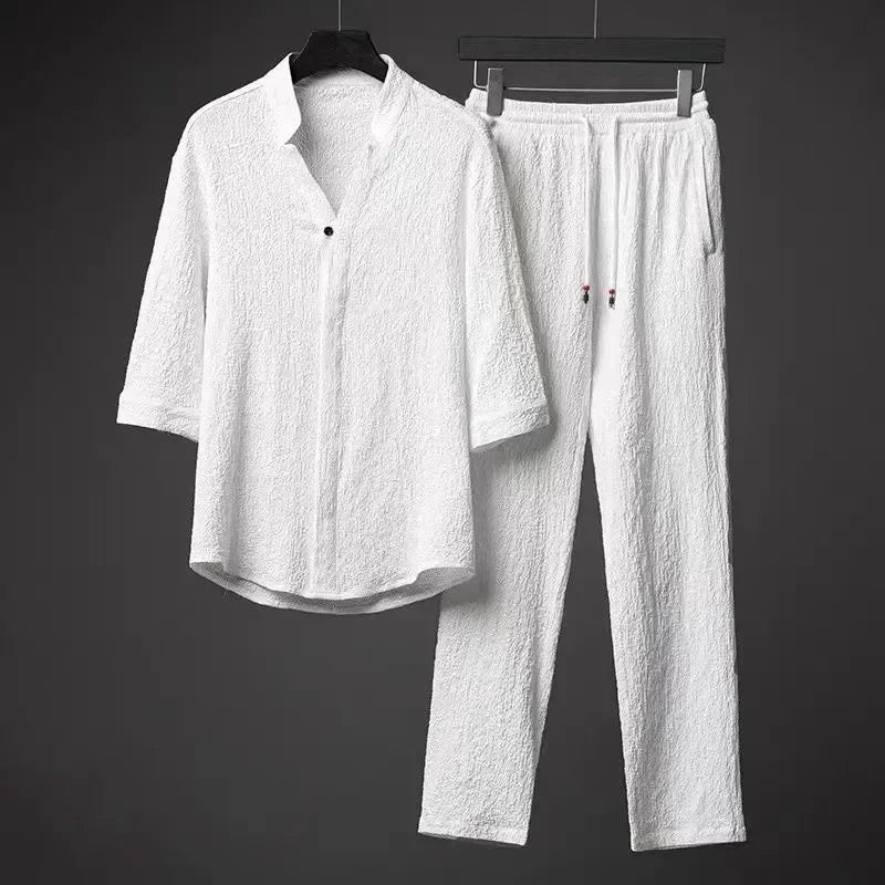 2026 Men's Two Piece Pant Sets Spring Summer Short Sleeve Shirt And Pants Outfits For Men Solid Cotton Linen Clothing Sets Male