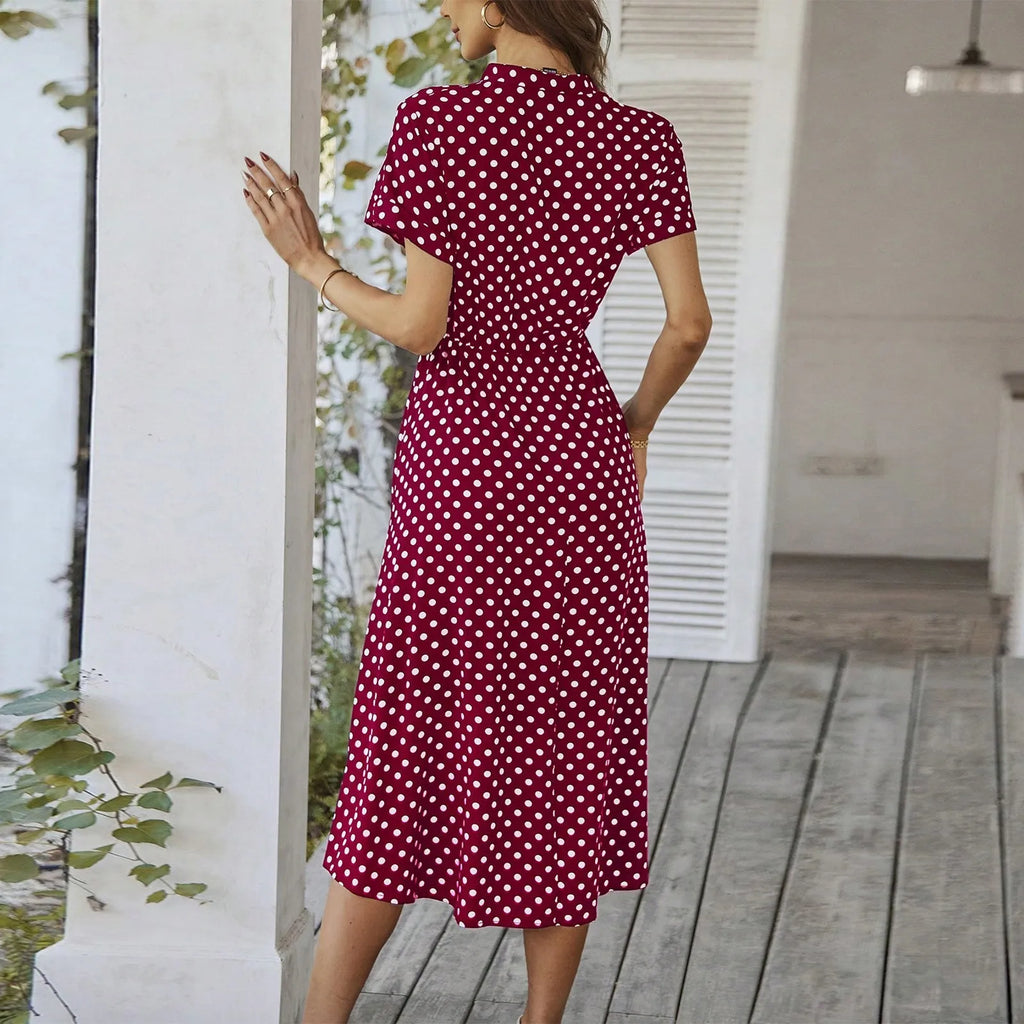 Elegant retro polka dot dress Women's Summer Midi Dress V Neck Single Breasted Short Sleeve Dresses Fashion Print Dress