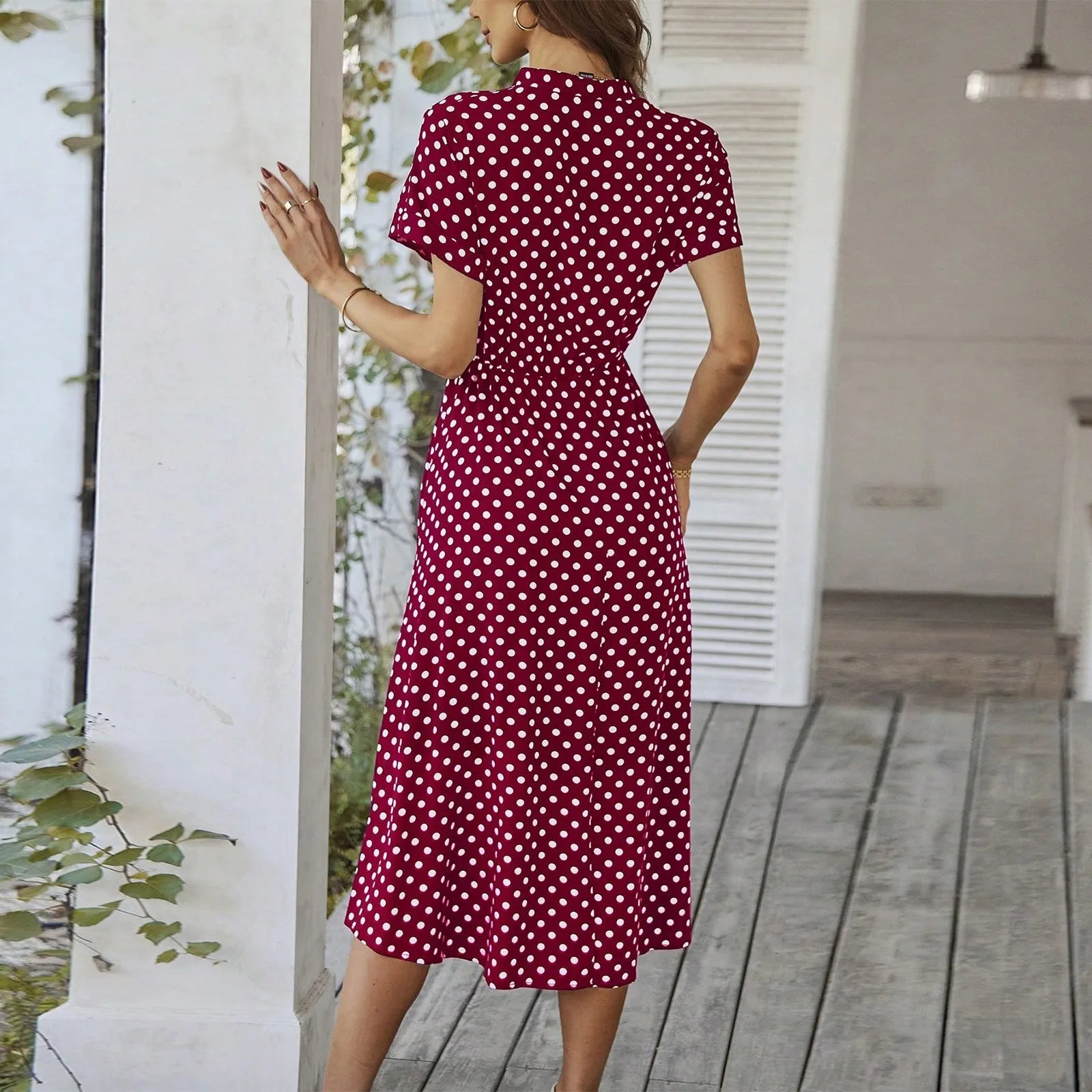 Elegant retro polka dot dress Women's Summer Midi Dress V Neck Single Breasted Short Sleeve Dresses Fashion Print Dress