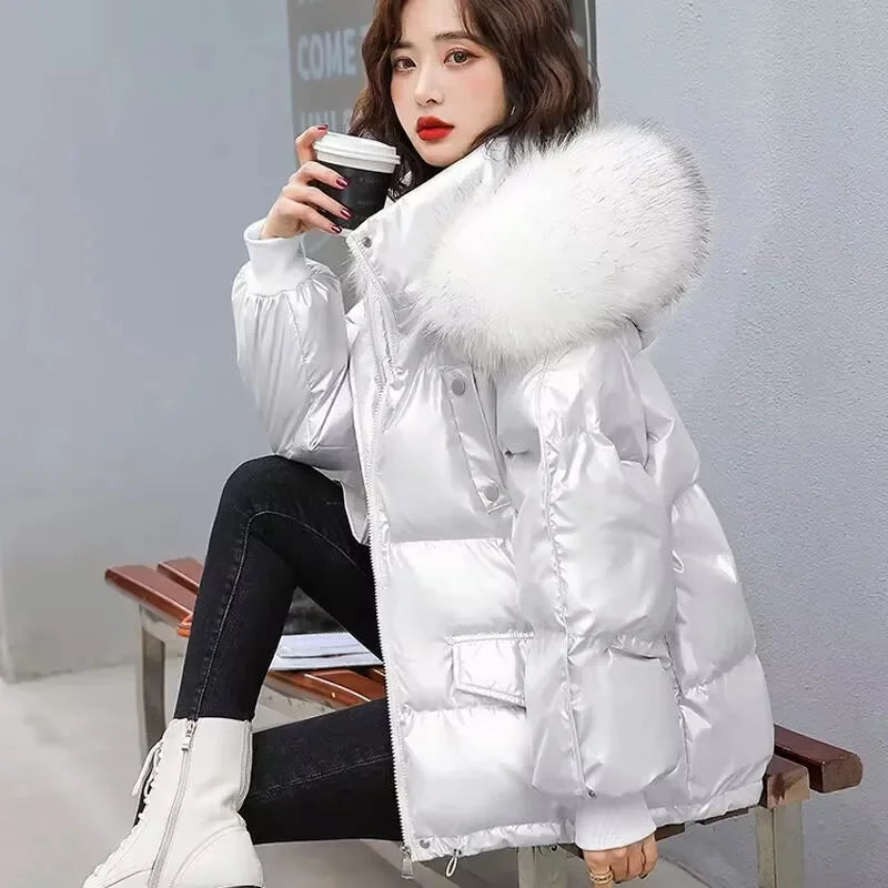 2026 Winter Fashion New Warm Duck Down Jacket Women's Clothes Glossy Fur collar Thicken Parka Short Down Coat Female Trend