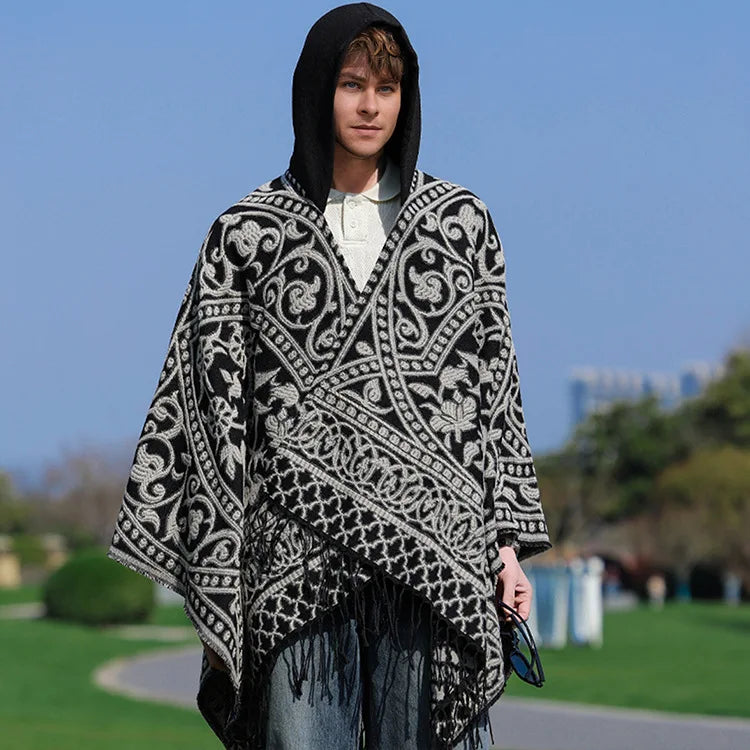 2025 New Men's Imitation Wool Cape Shawl Cross-border Hot Selling Hooded Woven Slit Cape Autumn and Winter Poncho Cloak P8