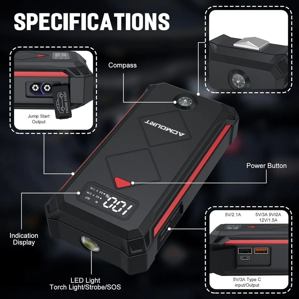 Acmount Car Jump Starter 5000A Peak Booster Battery Pack with LED Light for Up to 10.0L Gas or 8.0L Diesel Engine