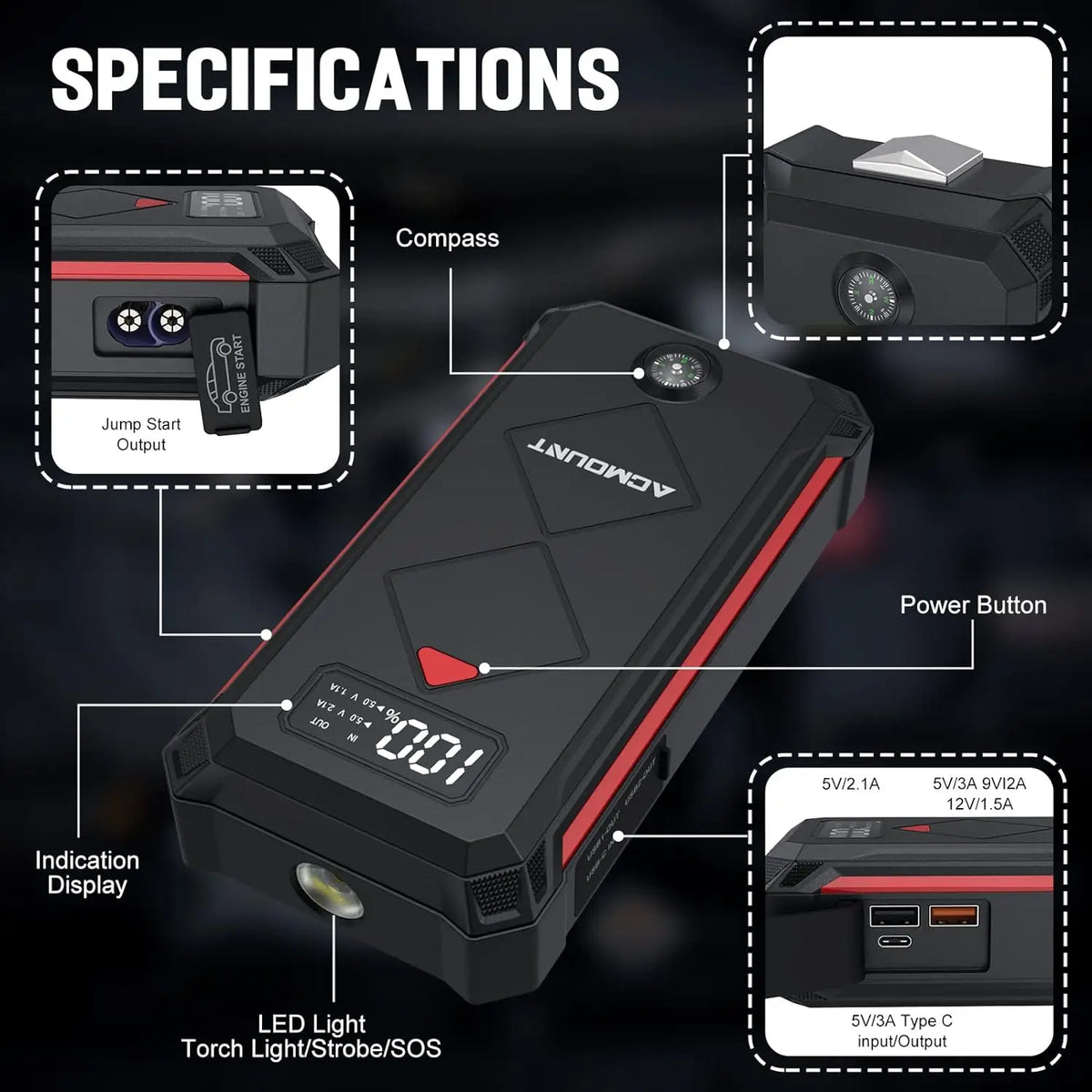 Acmount Car Jump Starter 5000A Peak Booster Battery Pack with LED Light for Up to 10.0L Gas or 8.0L Diesel Engine
