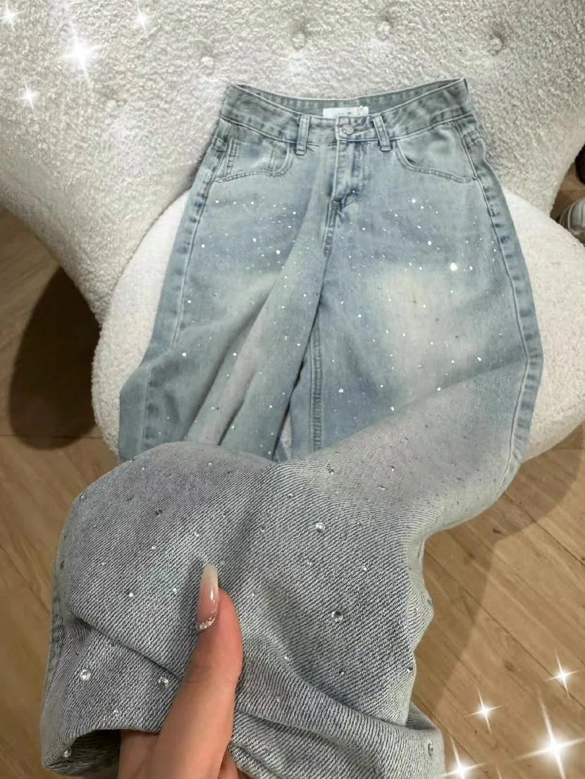 Light Blue Glitter Heavy Embellished Wide Leg Jeans Summer New Loose Fit Floor Length Pants Slimming Effect High Waist Denim
