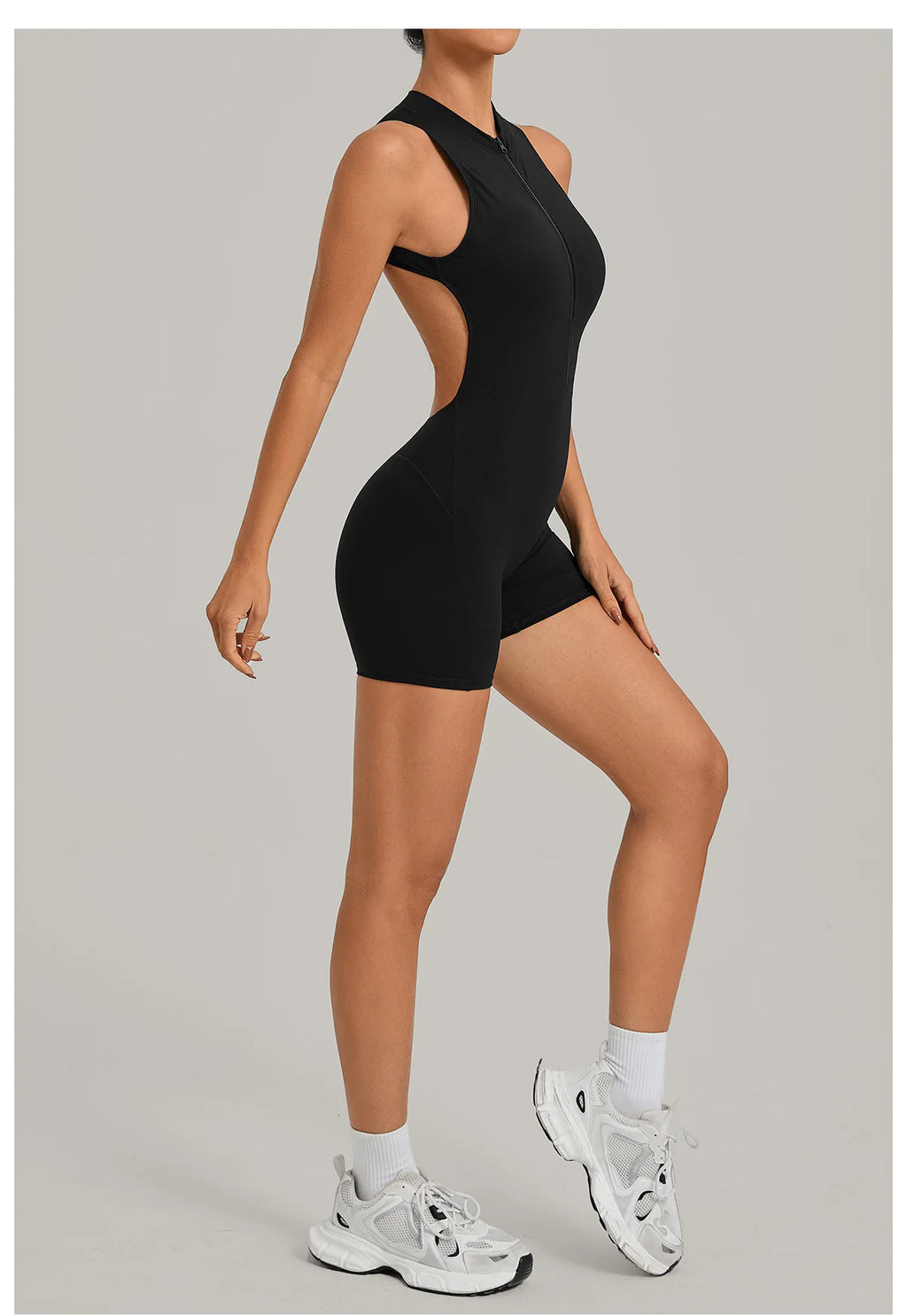 Sexy Hollow Backless Unitard Gym Women Romper Sleeveless Zipper Scrunch Butt Short Jumpsuit for Fitness Sports Short Playsuit