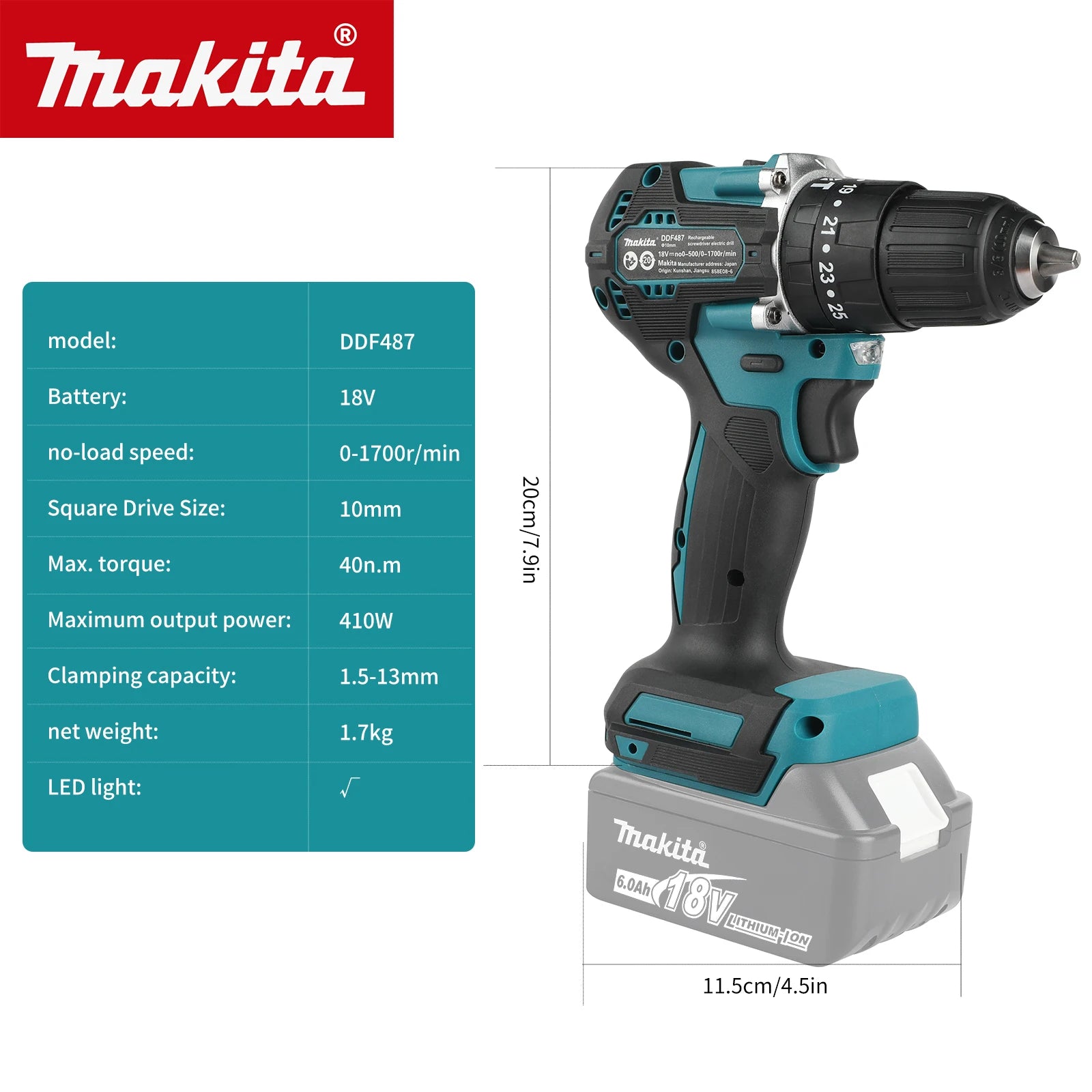 Makita DDF487 Brushless Cordless Drill 18V Battery 0-500/1700RPM Dual Speed for DIY and Professional Drilling tasks tools