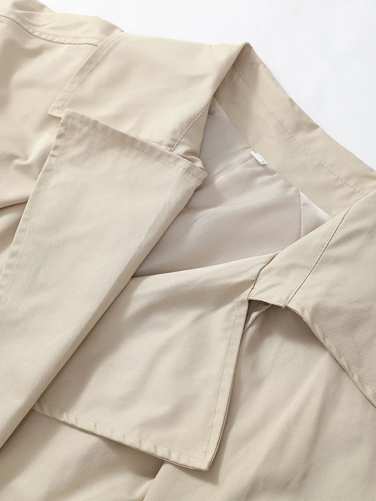 Khaki Lace Up Cape Trench Coat Loose Solid Full Sleeve Lapel Windbreaker 2026 Autumn New Fashion Commute Casual Daily Coats
