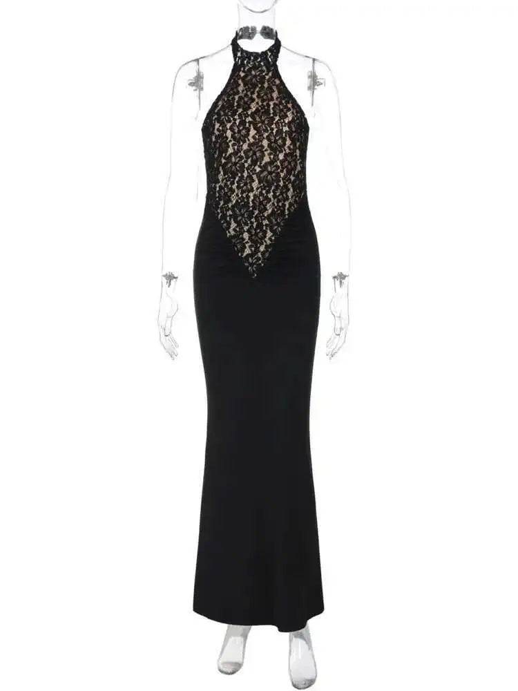 Mozision Lace Halter Backless Sexy Maxi Dress For Women Black Off-shoulder Strapless Sleeveless Bodycon Club Party Long Dress
