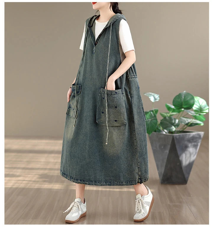 Original Denim Suspender Dres for Women Summer Fashion Vintage Big Pocket Mid-long Frocks Female Hip Hop Baggy Streetwear