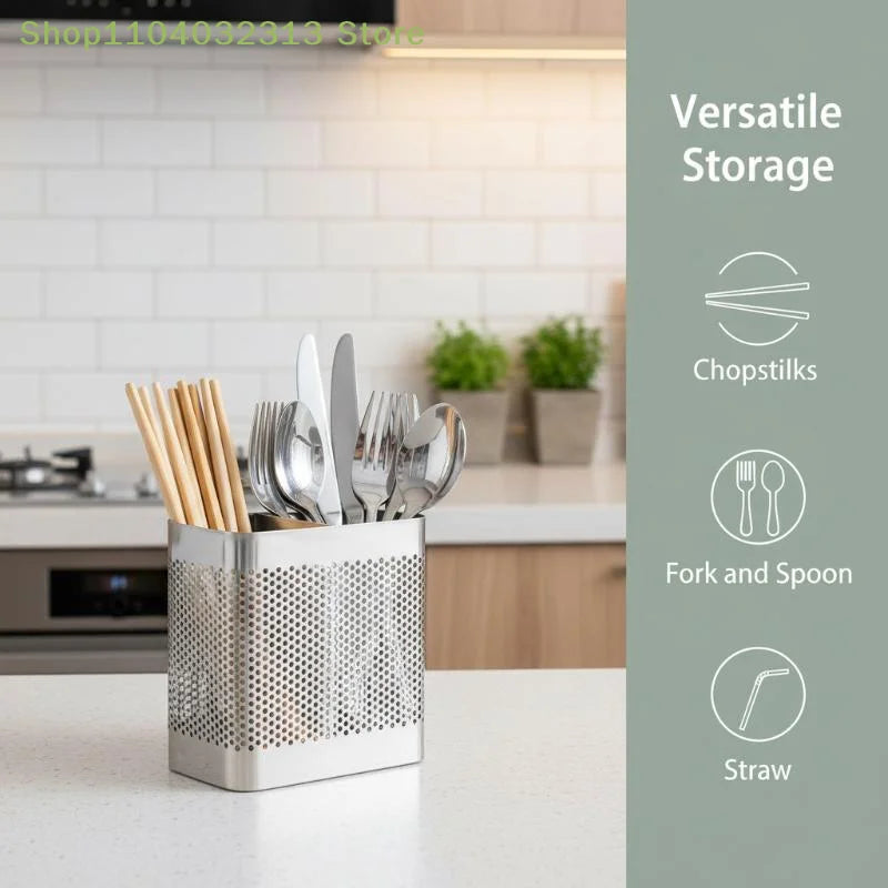 Stainless Steel 2 Compartment Cutlery Organizer With Hooks, Utensil Holder For Kitchen Counter, Dishwasher Safe Flatware Drying