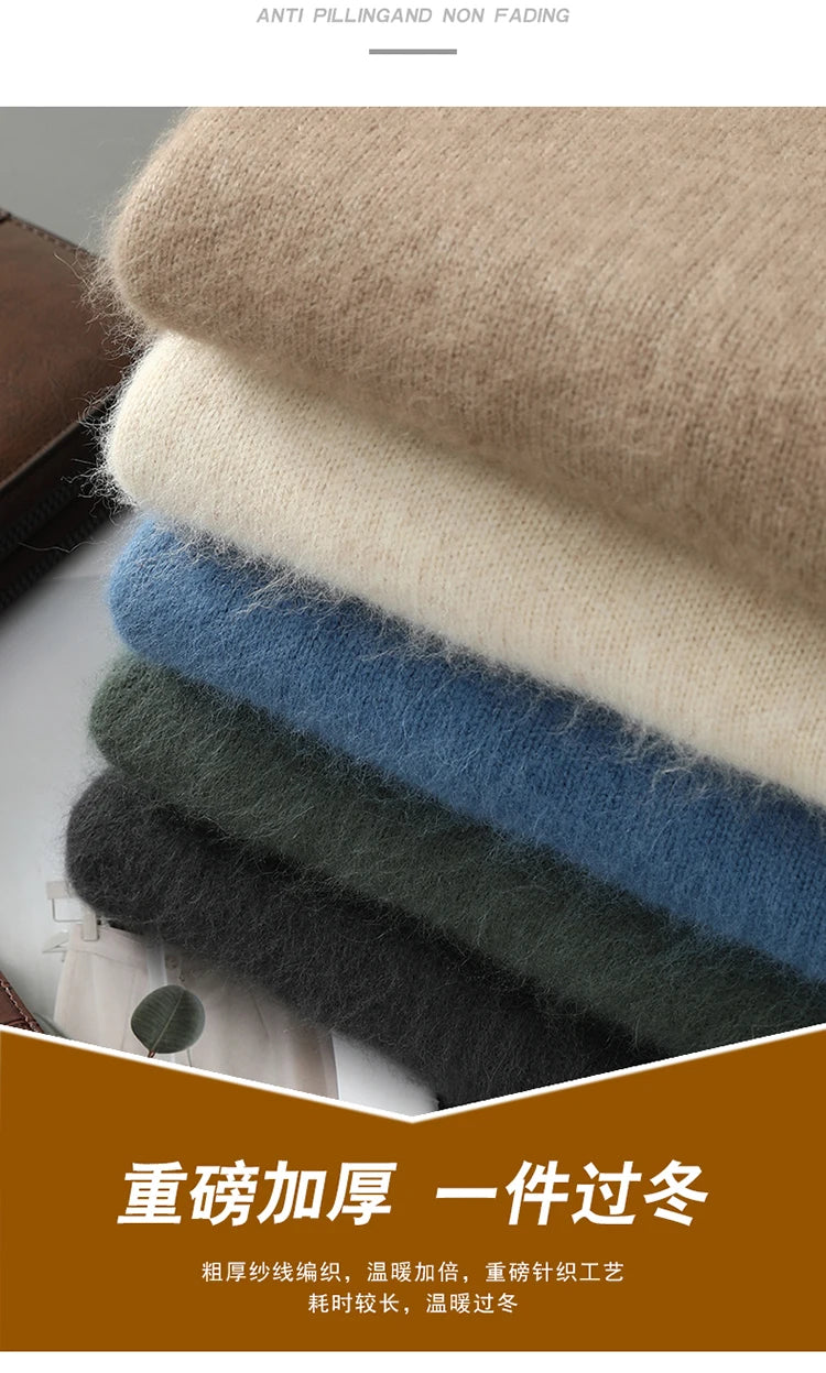 Men's Thicken 100%Pure Mink Cashmere Sweater Youth Button Semi-High Neck Loose Knit Pullovers Autumn and Winter Warm Base Shirt