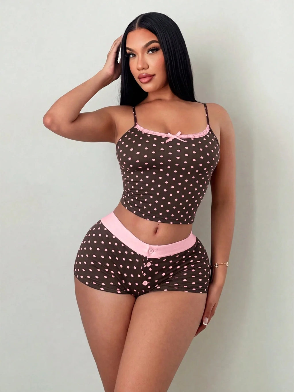 Fashion polka dot lace camisole home suit set, pure desire spicy girl style pajamas two-piece set, short