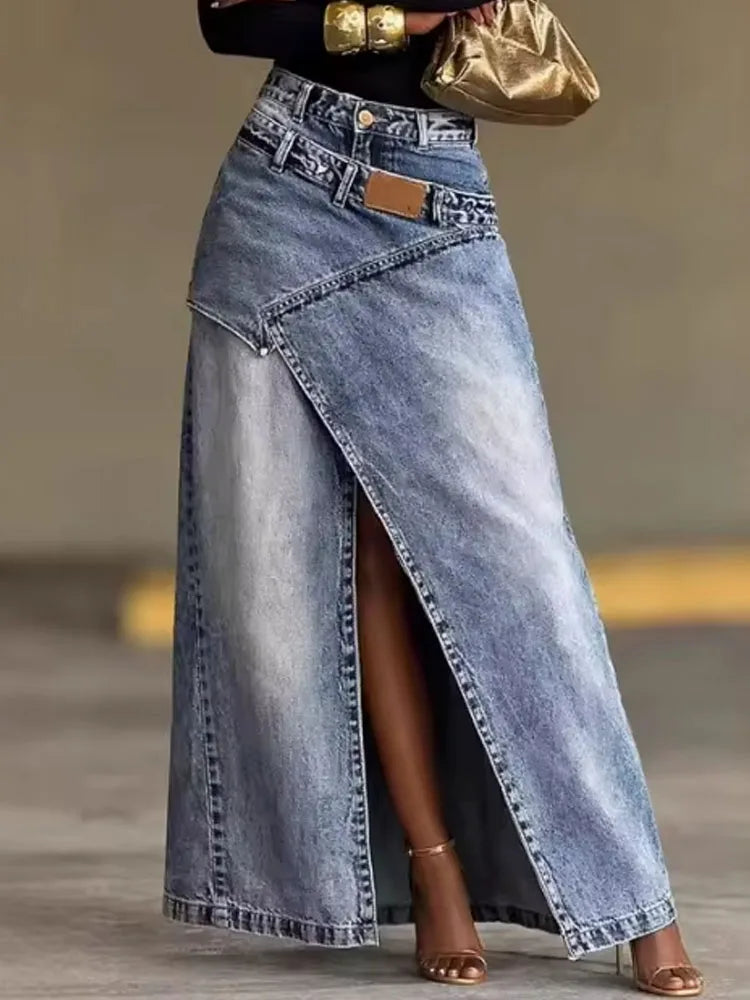 2026 New Irregular Split Denim Skirt Women Fashion Loose Double Waist Stitch Design A-Line Long Skirt Casual Street Jean Skirts