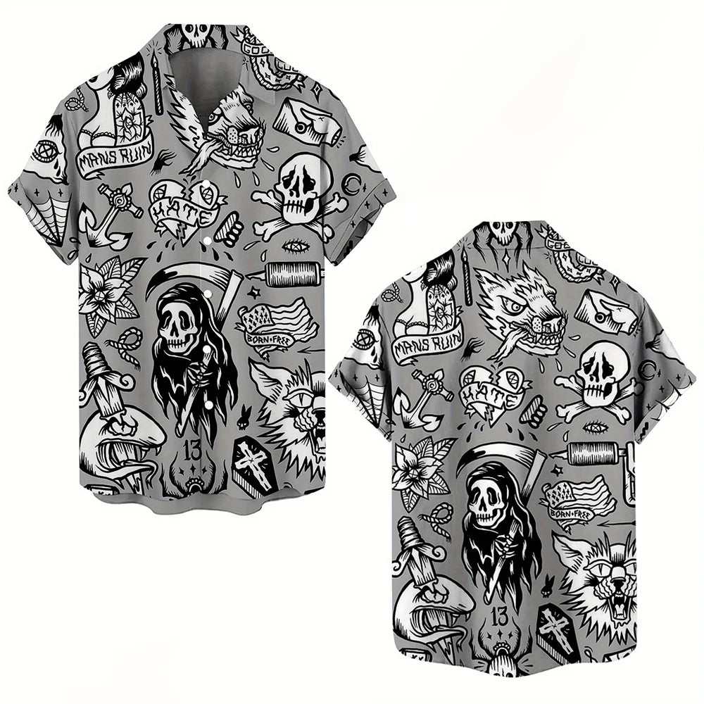 Skull 3D Printed Men's Hawaiian Shirt Street Gothic Style Trendy Vintage Lapel Tops Summer Y2K Casual Short Sleeve Beach Shirt