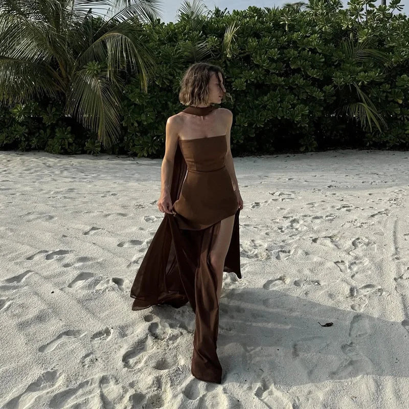 Elegant Halter Long Dress Women's Loose Sleeveless Off Shoulder Floor-length Dresses 2025 Spring Summer Lady Solid Stylish Robes