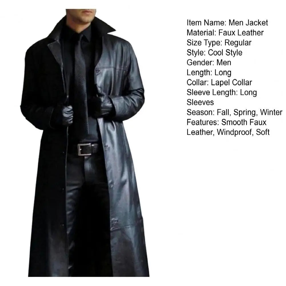 Men Faux Leather Jacket Stylish Men's Faux Leather Trench Coat with Turn-down Collar Windproof Design Slim Fit for Long