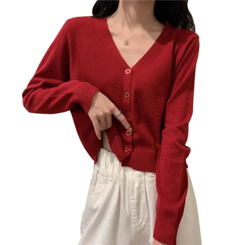 2025 Women's Long Sleeve Cropped Cardigan V Neck Button Down Knit Lady Autumn Spring Knitted Single-breasted Cardigan Sweaters