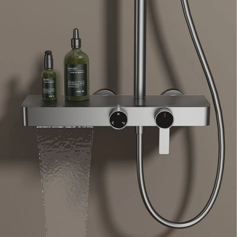 Gray Bathroom Shower System Set Multifunctional Knobbed Triple Function Water Outlet Hot and Cold Control Pressurized Shower Set