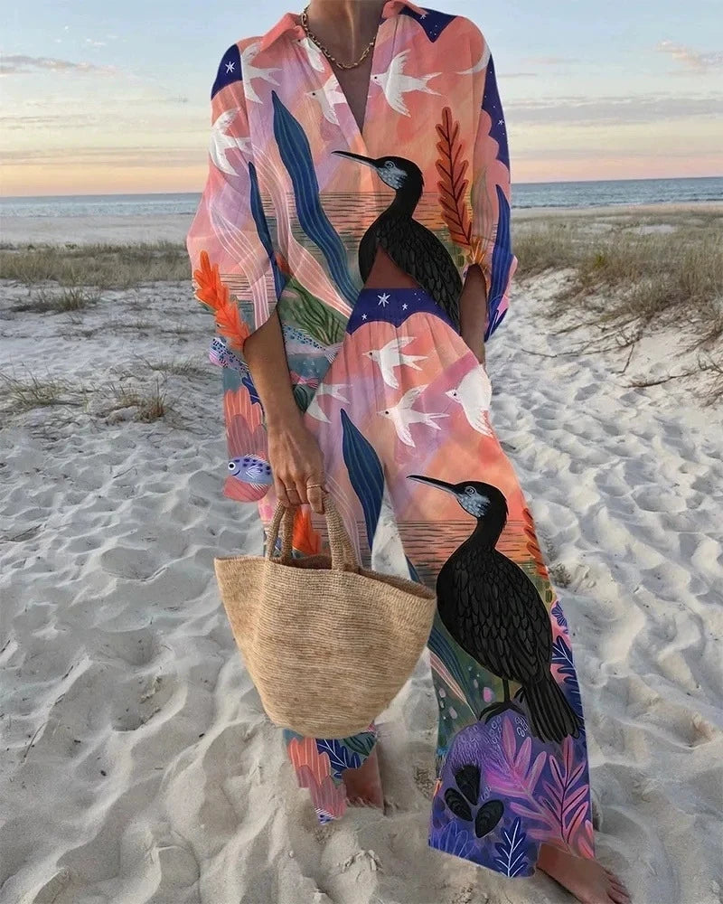 Women's Autumn Holiday Sets Outfits Fashion Print Long Sleeve Shirt Top+Wide Leg Pants 2 Pieces Set For Woman Boho Clothes New