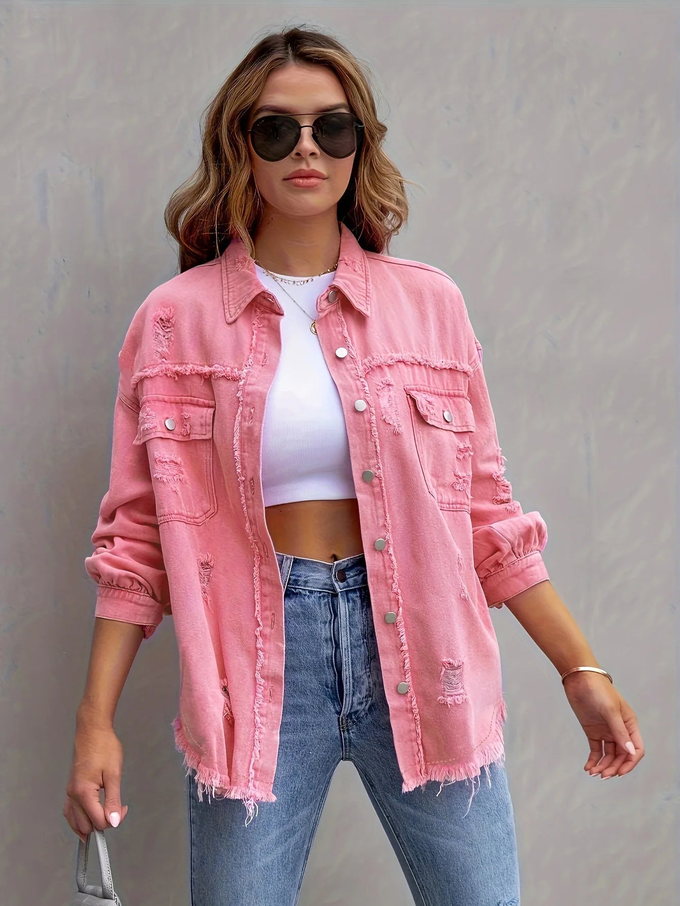 Women's Fashionable Solid Color Mid-Length Ripped Denim Jacket Long-Sleeved Spring Autumn Trend