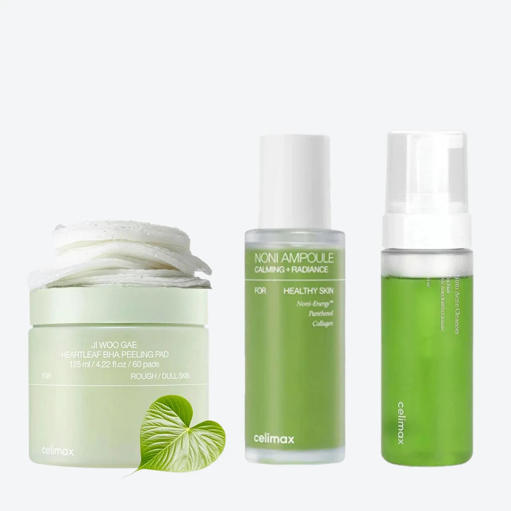 Celimax Skincare Set, Heartleaf BHA Peeling Pads, Real Noni Energy Ampoule & Acne Bubble Cleanser for Moisturizing Exfoliating
