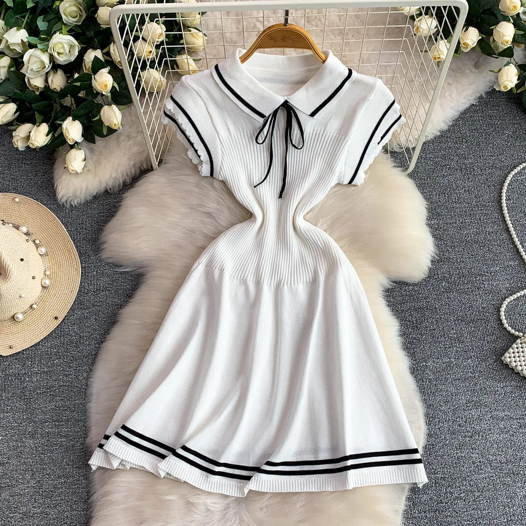 Summer Women Sweet Strechy Sundress Turndown Collar Short Sleeve Knitted Dress Lace Up Bow High Waist A-line Mini Dress